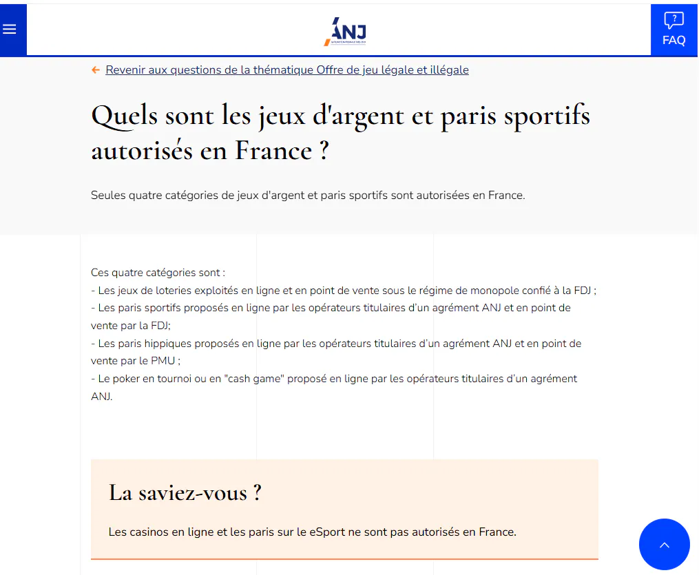 Capture de la page ANJ expliquant les catégories de jeux d'argent autorisées en France